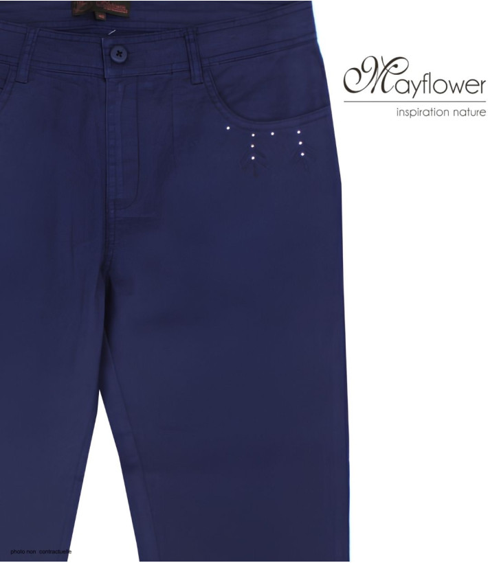 MAYFLOWER - Pantacourt Femme Marine Stretch et Brodée