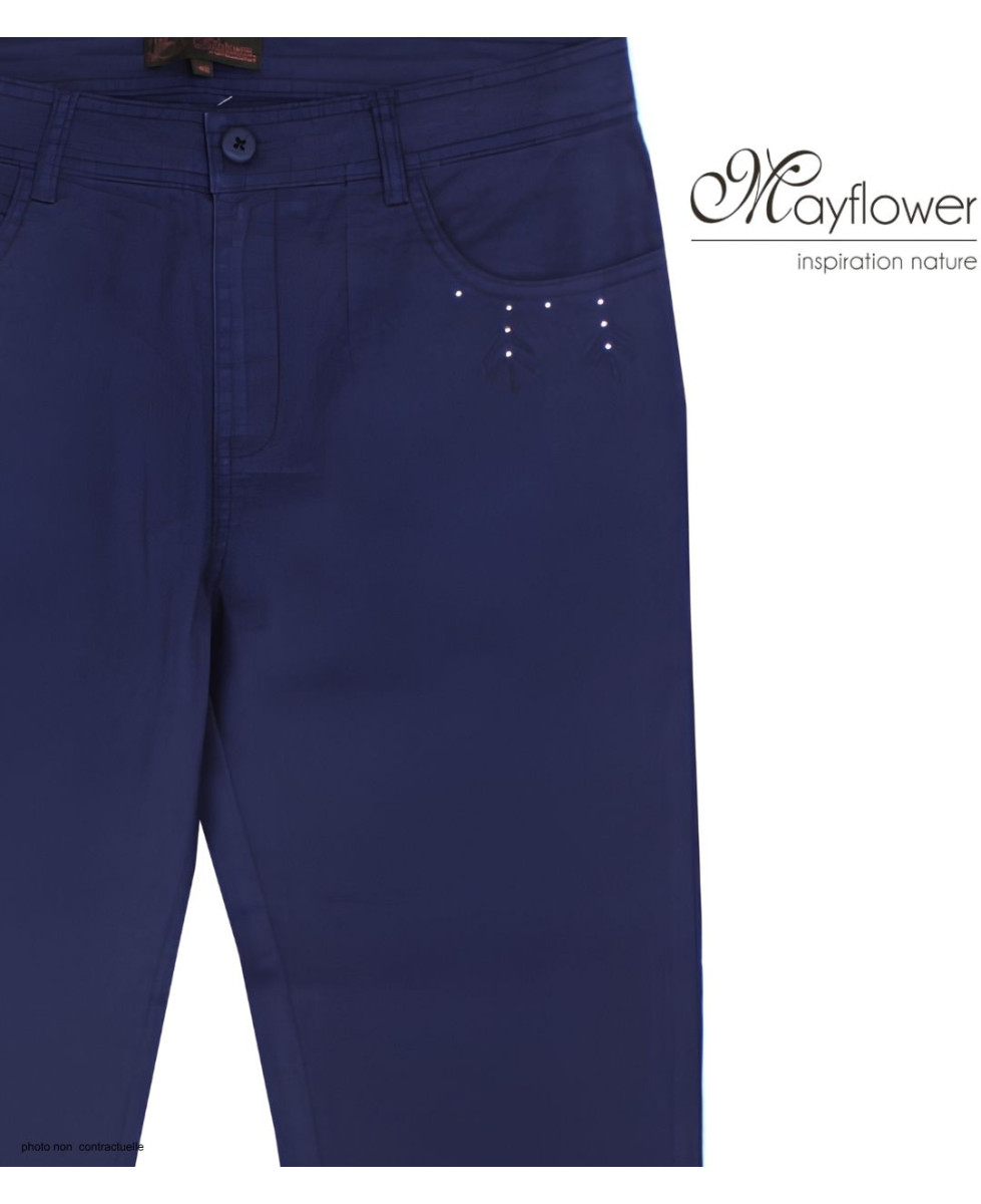 MAYFLOWER - Pantacourt Femme Marine Stretch et Brodée