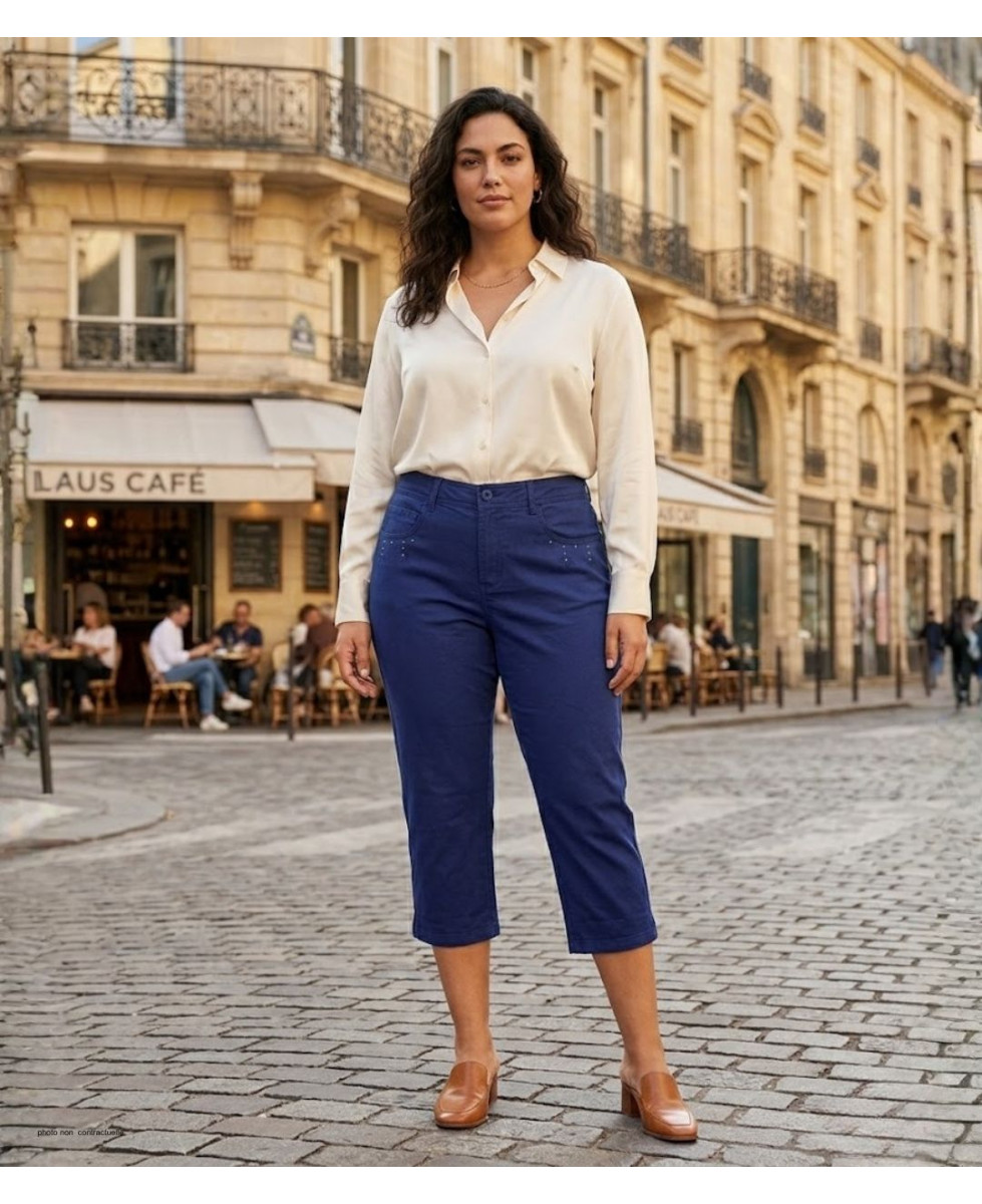 MAYFLOWER - Pantacourt Femme Marine Stretch et Brodée