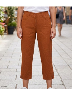 Pantacourt femme orange en lin et coton MAYFLOWER avec bas de jambe boutonné et poches arrière