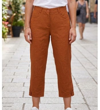 Pantacourt femme orange en lin et coton MAYFLOWER avec bas de jambe boutonné et poches arrière