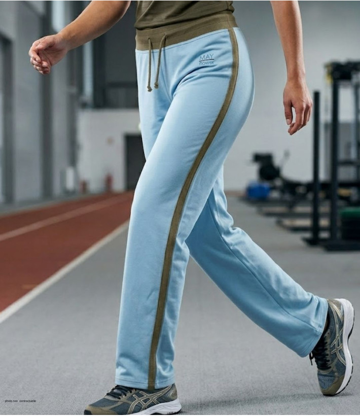 Pantalon de sport Mayflower modèle SE8008 coloris bleu et vert kaki avec cordon de serrage.