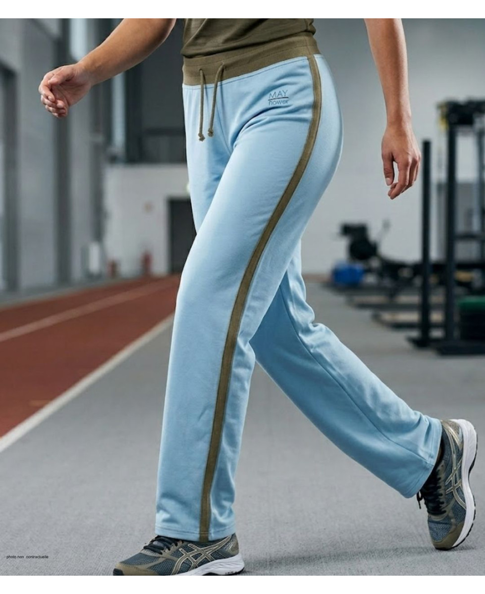 Pantalon de sport Mayflower modèle SE8008 coloris bleu et vert kaki avec cordon de serrage.