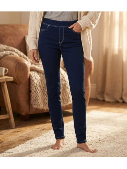 Pantalon slim femme MAYFLOWER modèle CELIB1 coloris bleu brut avec taille haute élastiquée.