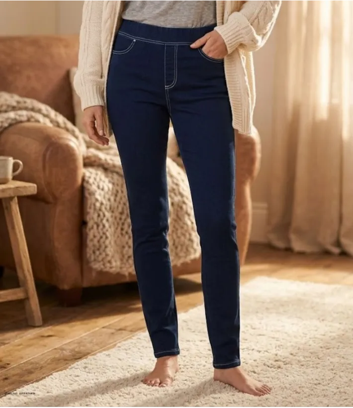 Pantalon slim femme MAYFLOWER modèle CELIB1 coloris bleu brut avec taille haute élastiquée.