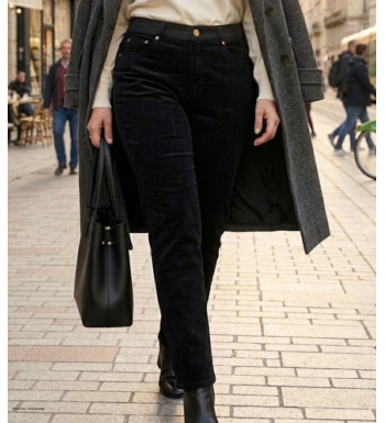 Pantalon femme en velours noir extensible avec taille élastiquée confort modèle DORURE1N MAYFLOWER.