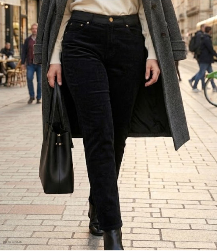 Pantalon femme en velours noir extensible avec taille élastiquée confort modèle DORURE1N MAYFLOWER.