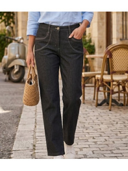 Pantalon extensible pour femme MAYFLOWER modèle SE1111J coloris bleu denim avec surpiqûres.
