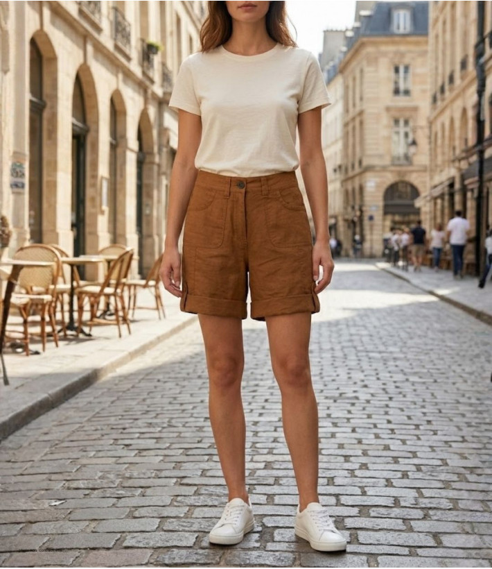 Short camel MAYFLOWER BOCCAC en lin et coton ajustable