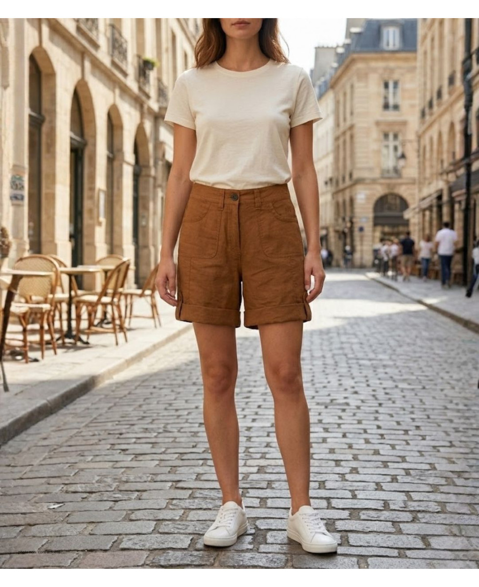 Short camel MAYFLOWER BOCCAC en lin et coton ajustable