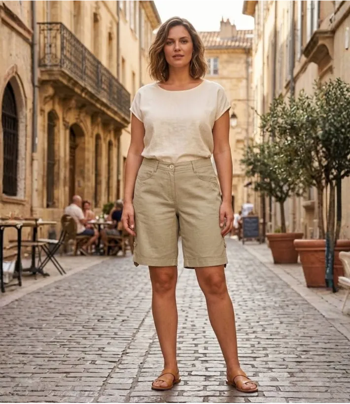 Short grandes tailles beige AXONE MAGO1 en lin et coton