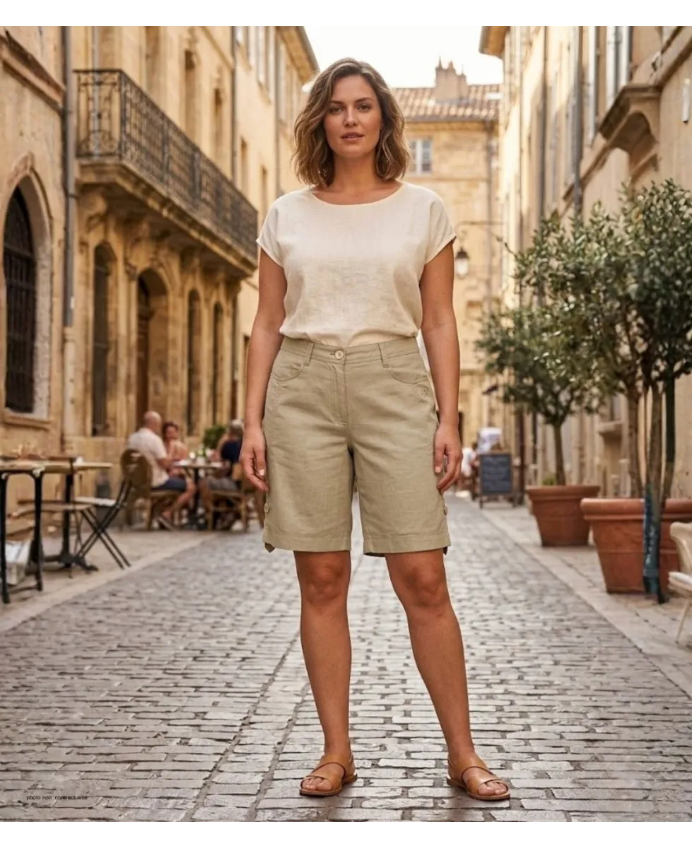 Short grandes tailles beige AXONE MAGO1 en lin et coton