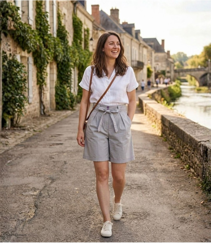 MAYFLOWER SE1105M : Short Mi-Long Mauve avec Ceinture Elégante