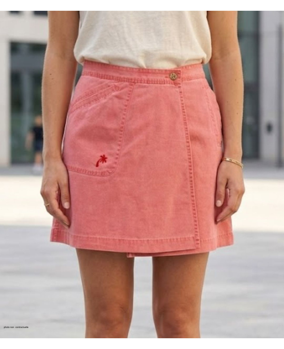 Jupe-short orange pour femme en coton de marque MAYFLOWER modèle SE8046 avec broderie palmier.
