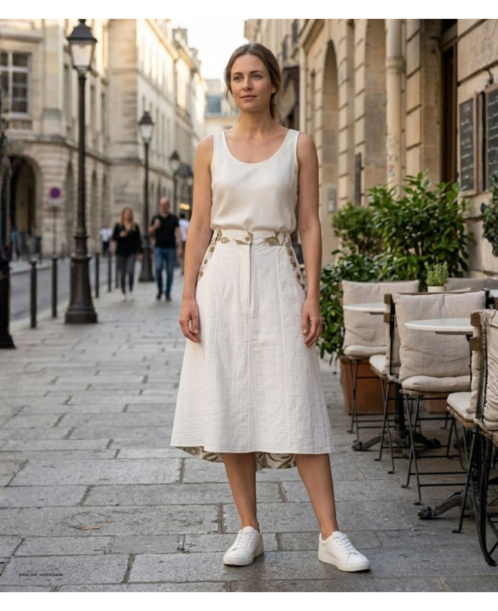 MAYFLOWER PF334 - Jupe longue ample fleurie blanc & kaki