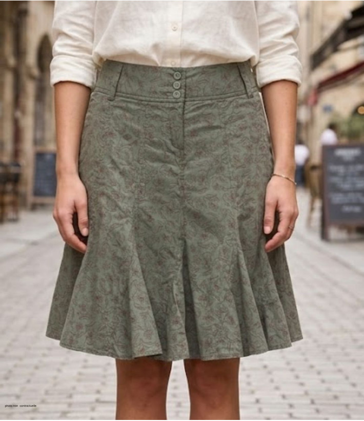 Jupe plissée fleurie pour femme de la marque MAYFLOWER modèle 011091U001 de couleur vert kaki en coton avec trois boutons.