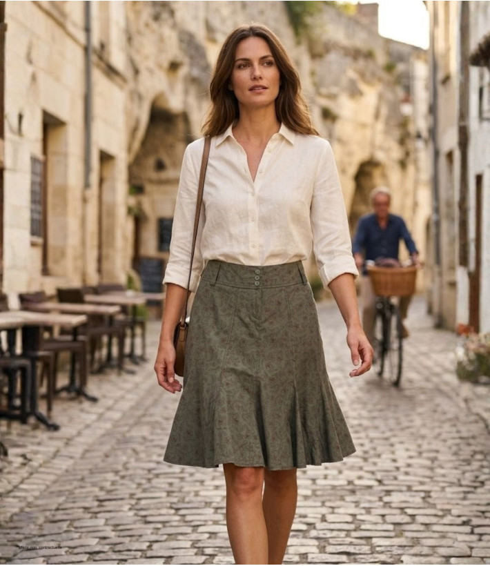 MAYFLOWER 011091U001 - Jupe plissée fleurie kaki en coton