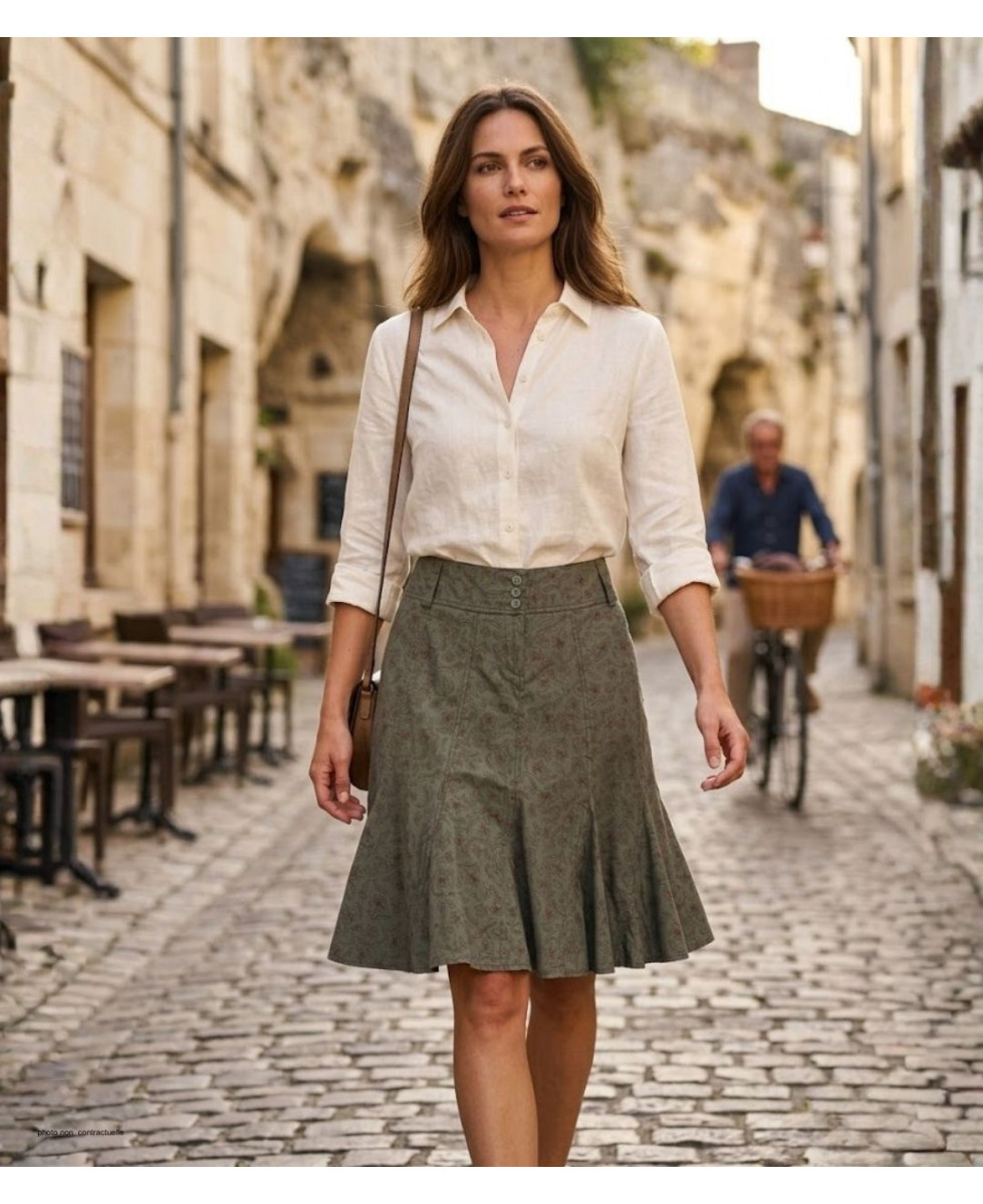 MAYFLOWER 011091U001 - Jupe plissée fleurie kaki en coton