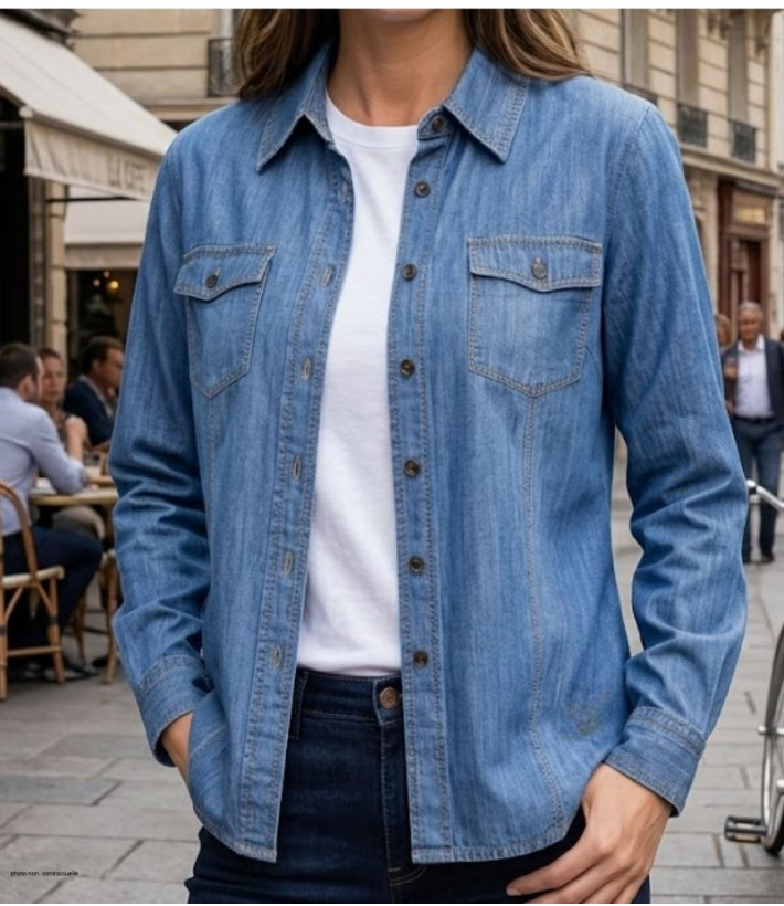 Chemisier en jean pour femme de la marque MAYFLOWER modèle LERIDA1 de couleur bleu denim en coton fluide.