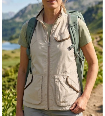 Gilet sans manches pour femme OGALO modèle 211260U001 de coloris beige en pur coton avec fermeture boutonnée.