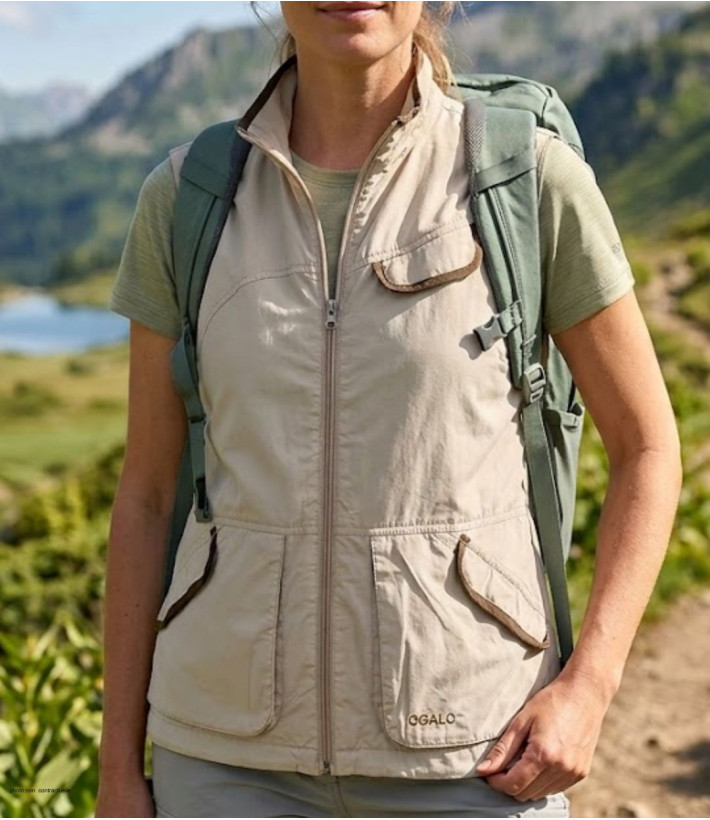 Gilet sans manches pour femme OGALO modèle 211260U001 de coloris beige en pur coton avec fermeture boutonnée.
