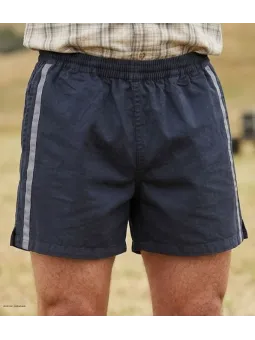 Short court pour homme de la marque CHALLENGER modèle 8L de couleur noir avec bande grise et taille élastiquée.