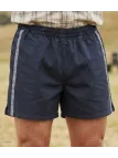 Short court pour homme de la marque CHALLENGER modèle 8L de couleur noir avec bande grise et taille élastiquée.