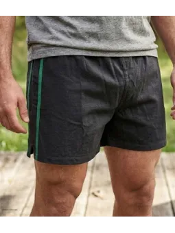 Short court pour homme de la marque CHALLENGER modèle 8L de couleur noir avec une bande verte et une taille élastiquée.