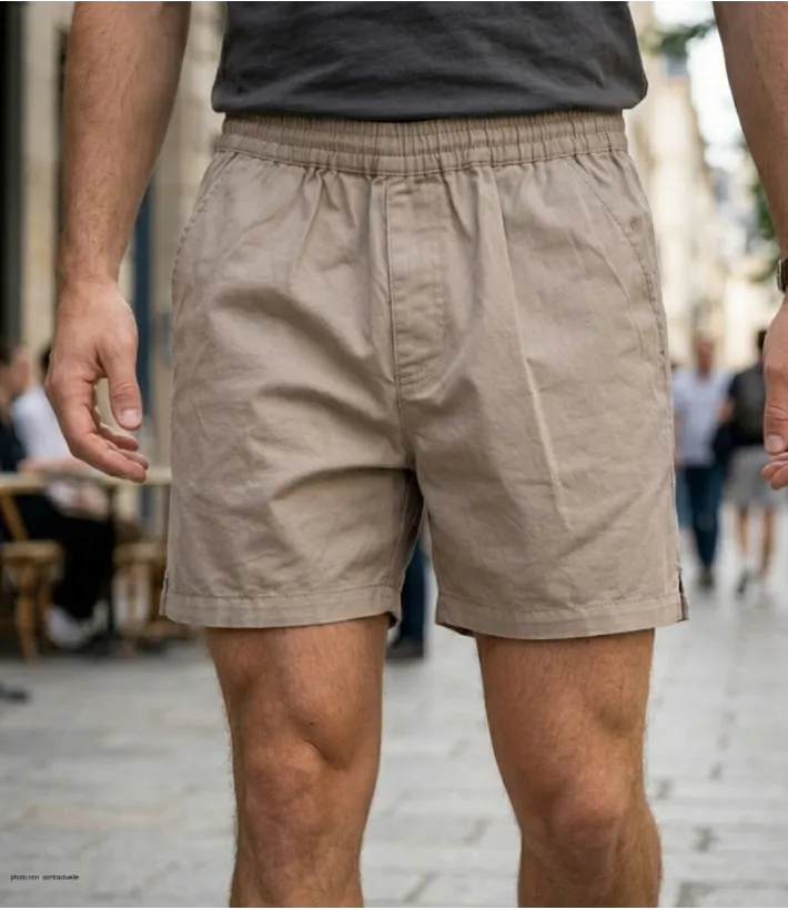 Short pour homme de la marque CHALLENGER modèle BIVOUAC1 de couleur beige en coton twill avec taille élastiquée souple.