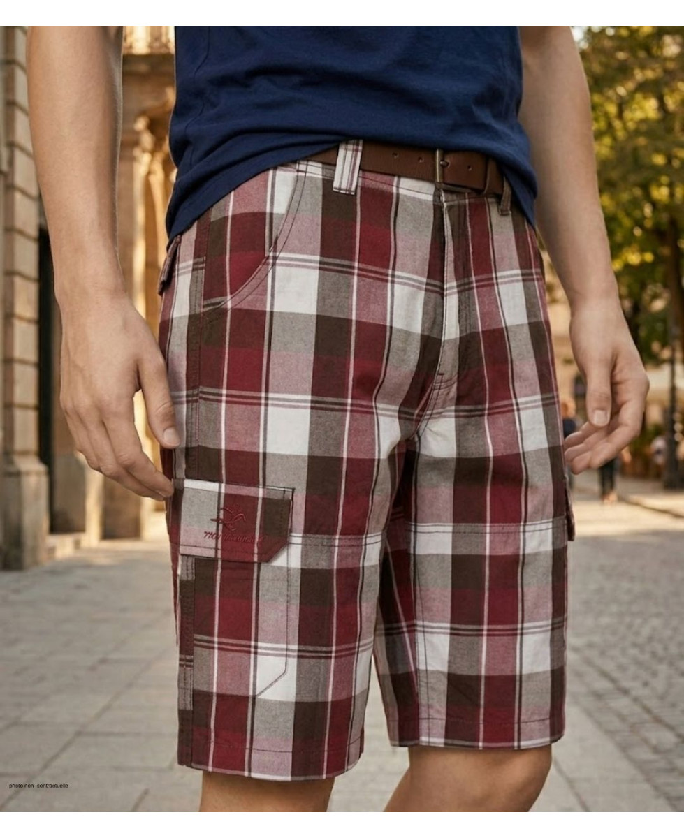 Bermuda pour homme de marque WINCHESTER modèle ILLOWA3 avec motif à carreaux de couleur marron chocolat et rouge bordeaux.