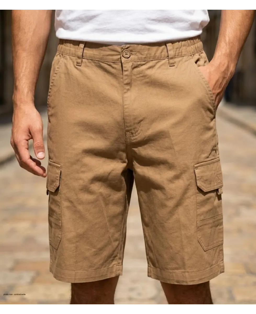 Bermuda cargo pour homme de marque CHALLENGER modèle INCA3 coloris camel en coton avec poches latérales et ceinture élastique.