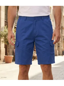 Bermuda pour homme CHALLENGER modèle INCA coloris bleu indigo en coton léger avec poches cargo et taille élastique confortable.
