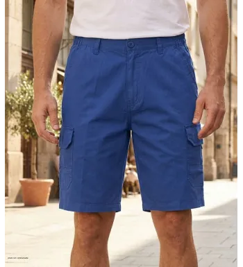 Bermuda pour homme CHALLENGER modèle INCA coloris bleu indigo en coton léger avec poches cargo et taille élastique confortable.