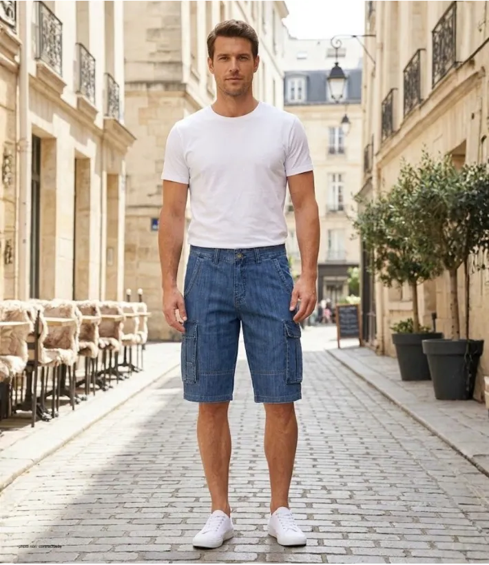 WINCHESTER INDIGO1 : Bermuda en jean homme bleu stone cargo
