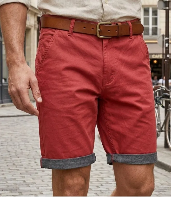 Bermuda uni pour homme de marque CHALLENGER modèle L2102A coloris rouge en coton twill avec poches et revers en chambray.