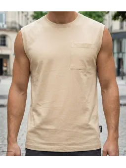 Tee-shirt sans manches uni pour homme de marque CHALLENGER modèle F106 coloris beige camel de face