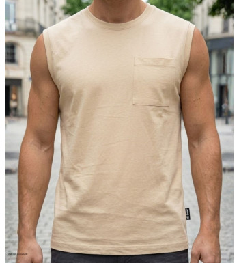 Tee-shirt sans manches uni pour homme de marque CHALLENGER modèle F106 coloris beige camel de face