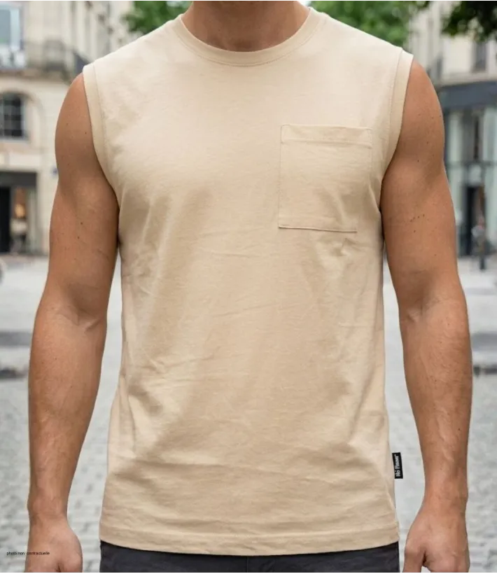 Tee-shirt sans manches uni pour homme de marque CHALLENGER modèle F106 coloris beige camel de face