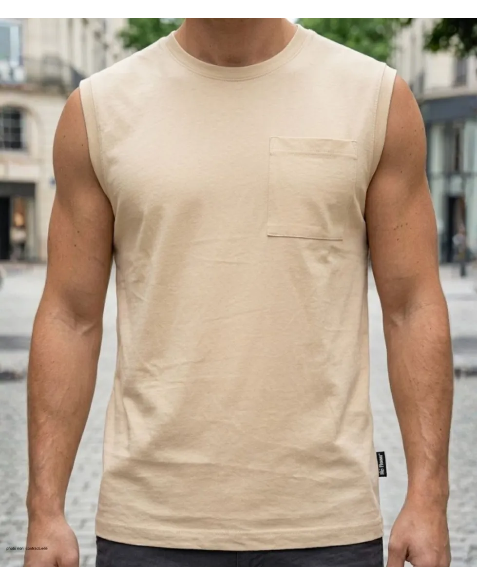 Tee-shirt sans manches uni pour homme de marque CHALLENGER modèle F106 coloris beige camel de face