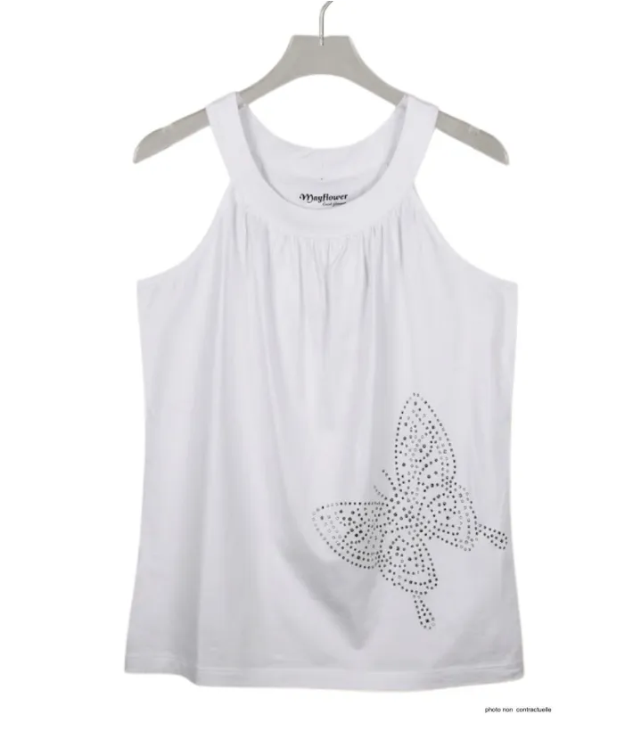 MAYFLOWER TF196BL Débardeur Blanc Papillon Strass Chic
