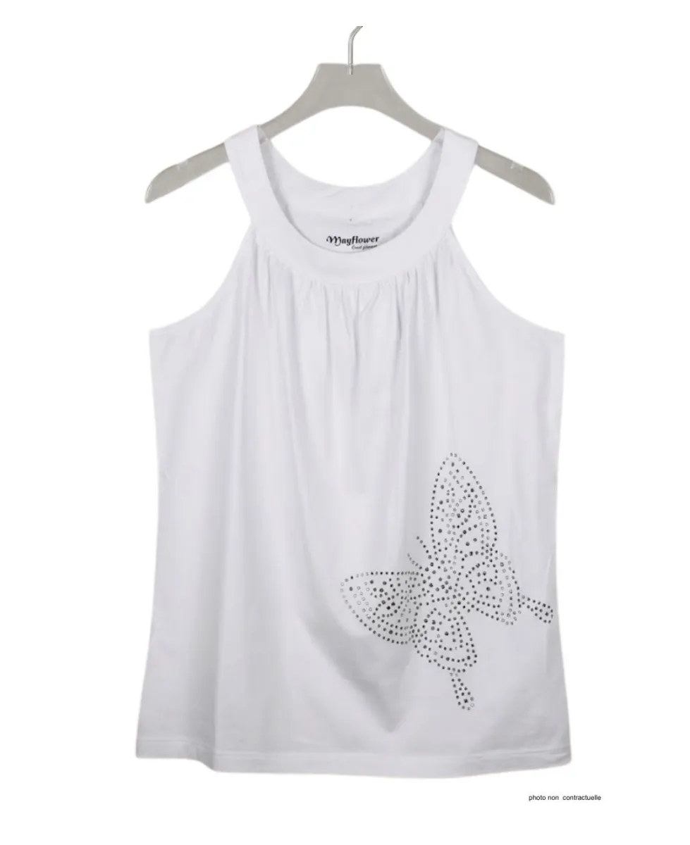 MAYFLOWER TF196BL Débardeur Blanc Papillon Strass Chic