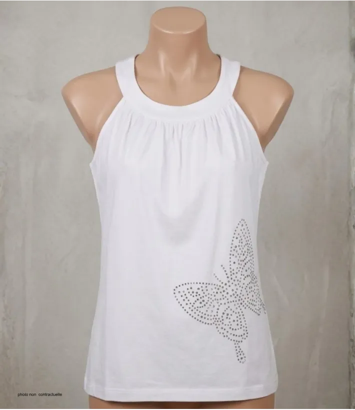 MAYFLOWER TF196BL Débardeur Blanc Papillon Strass Chic