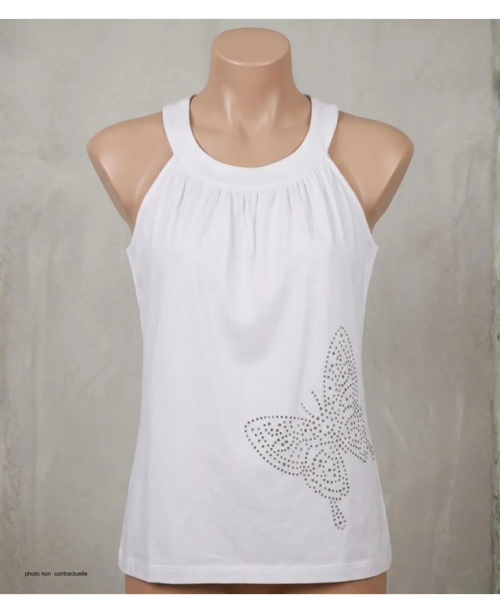 MAYFLOWER TF196BL Débardeur Blanc Papillon Strass Chic