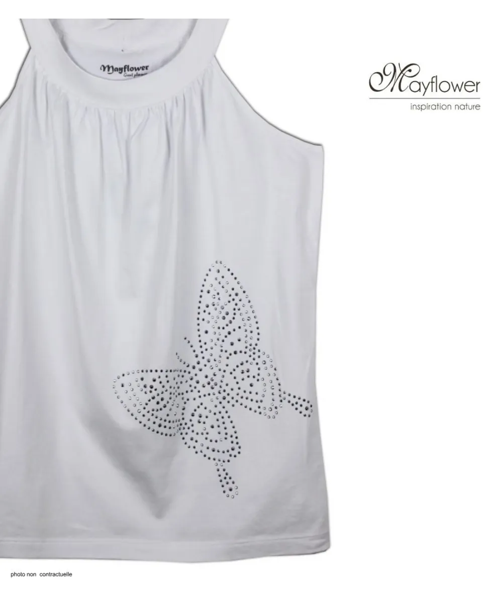 MAYFLOWER TF196BL Débardeur Blanc Papillon Strass Chic