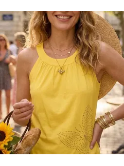 Débardeur jaune pour femme avec détail plissé et motif papillon en strass MAYFLOWER modèle TF196J.