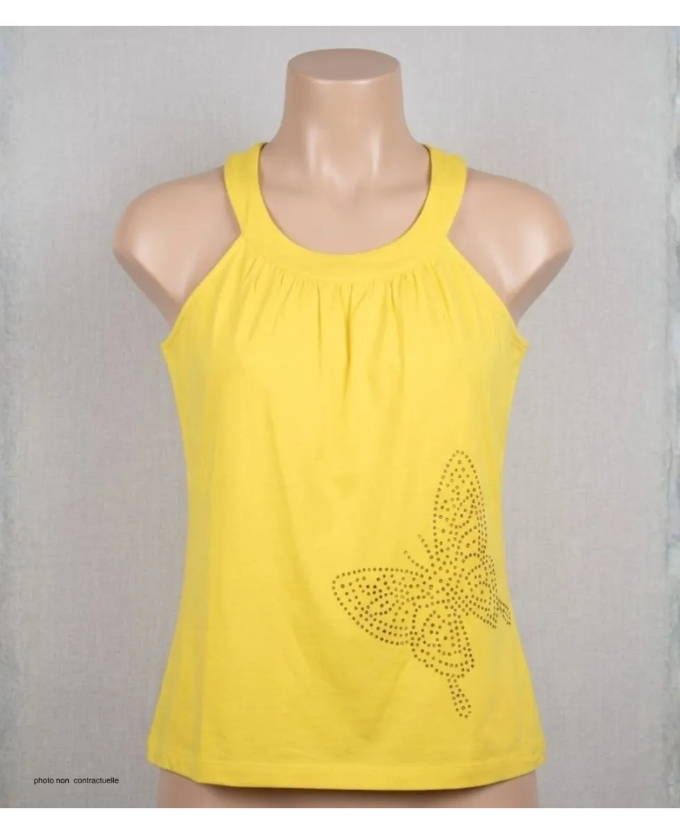 MAYFLOWER TF196J Débardeur Jaune Papillon Strass Chic
