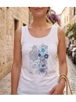 Débardeur ajusté pour femme en coton jersey blanc avec sérigraphie sur le devant modèle DEF4006A de la marque MAYFLOWER.