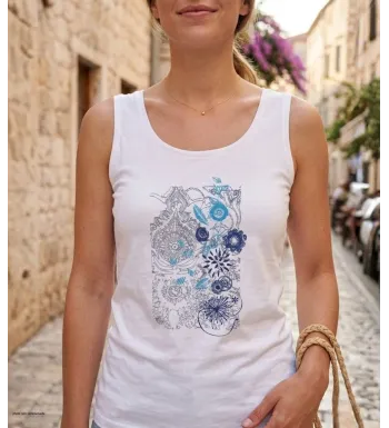 Débardeur ajusté pour femme en coton jersey blanc avec sérigraphie sur le devant modèle DEF4006A de la marque MAYFLOWER.