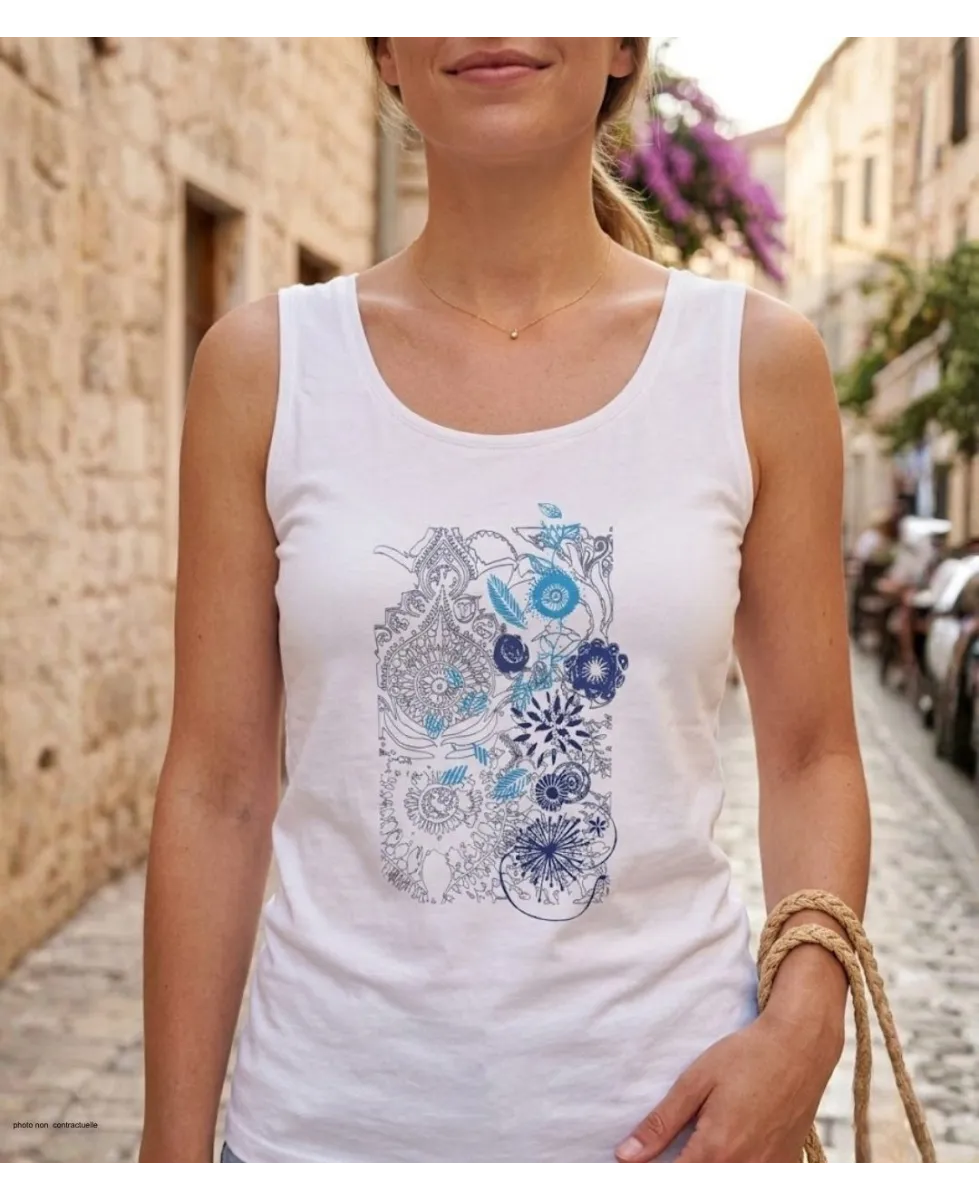 Débardeur ajusté pour femme en coton jersey blanc avec sérigraphie sur le devant modèle DEF4006A de la marque MAYFLOWER.