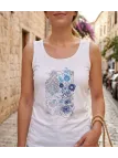 Débardeur ajusté pour femme en coton jersey blanc avec sérigraphie sur le devant modèle DEF4006A de la marque MAYFLOWER.